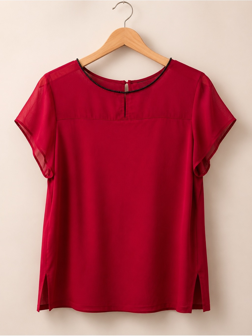 Macy's Red Short-Sleeve Beaded Neck Blouse